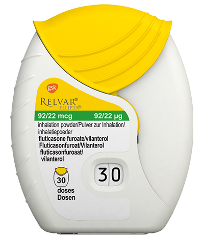 Relvar Ellipta (fluticasone furoate/vilanterol inhalation powder) pack shot Relvar Ellipta (fluticasone furoate/vilanterol inhalation powder) pack shot