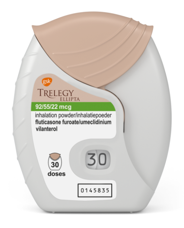 Trelegy Ellipta (fluticasone furoate/umeclidinium/vilanterol) pack shot Trelegy Ellipta (fluticasone furoate/umeclidinium/vilanterol) pack shot