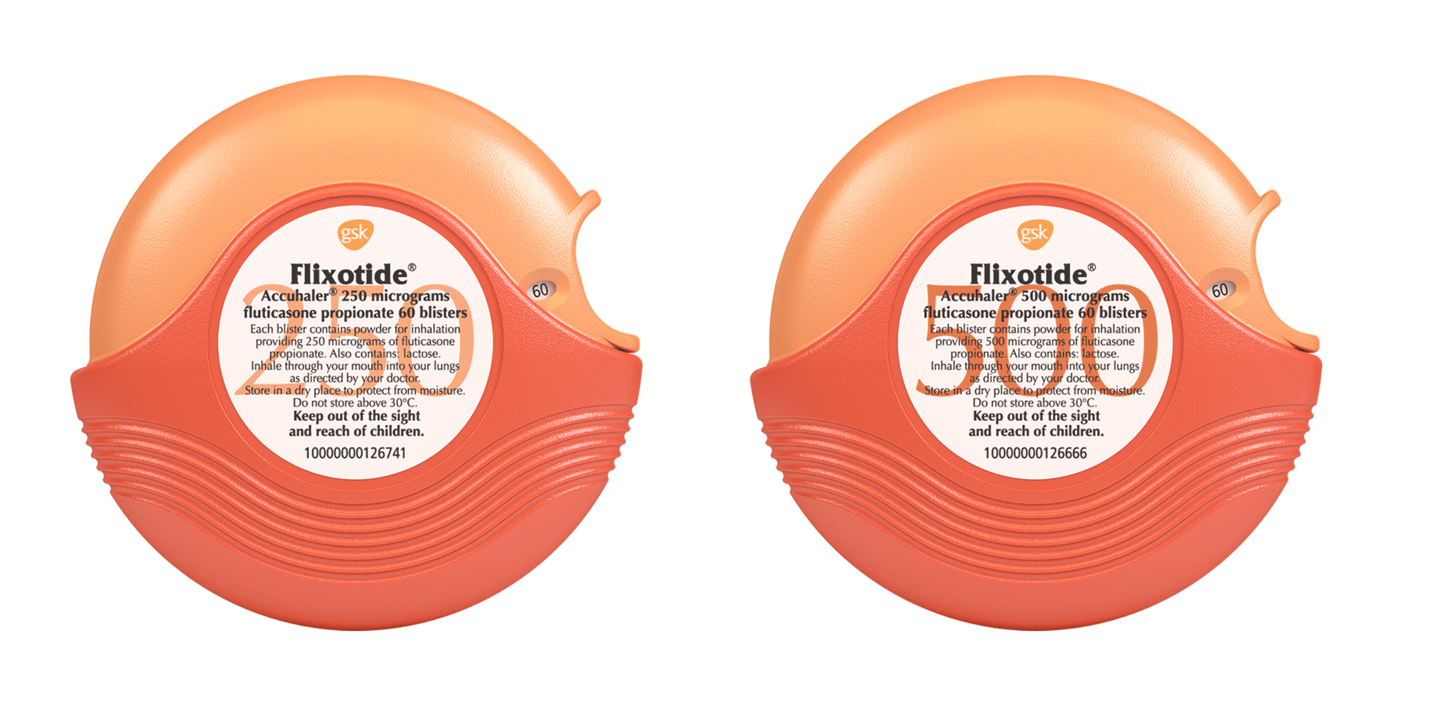 Picture of a Flixotide (fluticasone propionate) 250mcg Accuhaler device &  Picture of a Flixotide (fluticasone propionate) 500mcg Accuhaler device